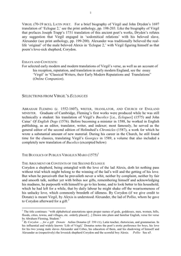 VIRGIL (70-19 BCE), LATIN POET. for a Brief Biography of Virgil and John Dryden’S 1697 Translation of ‘Eclogue 2,’ See the Print Anthology, Pp