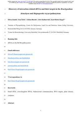 Discovery of Interaction-Related Srnas and Their Targets in the Brachypodium Distachyon and Magnaporthe Oryzae Pathosystem