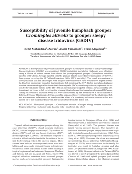 Susceptibility of Juvenile Humpback Grouper Cromileptes Altivelis to Grouper Sleepy Disease Iridovirus (GSDIV)