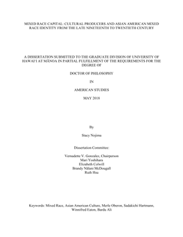 Mixed Race Capital: Cultural Producers and Asian American Mixed Race Identity from the Late Nineteenth to Twentieth Century