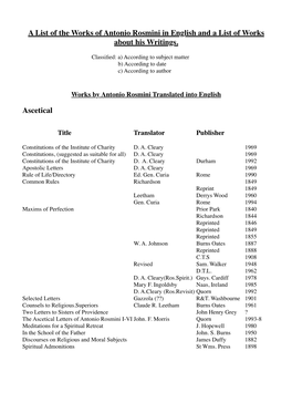 Works of Antonio Rosmini in English and a List of Works About His Writings