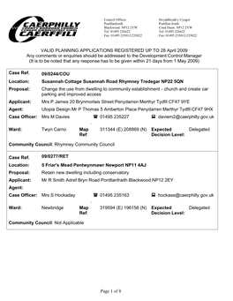 Page 1 of 8 VALID PLANNING APPLICATIONS REGISTERED up to 28 April 2009 Any Comments Or Enquiries Should Be Addressed to the Deve