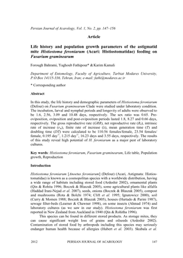 Article Life History and Population Growth Parameters of the Astigmatid Mite Histiostoma Feroniarum