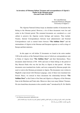 An Inventory of Ottoman Sultans' Farmans and Correspondences of Algeria’S Pashas in the Ottoman Period (Sea and Trade 1516-1830)