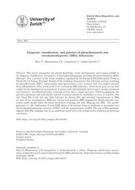 Diagnosis, Classification, and Genetics of Phenylketonuria and Tetrahydrobiopterin (BH4) Deficiencies