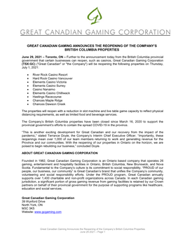 Great Canadian Gaming Announces the Reopening of the Company’S British Columbia Properties