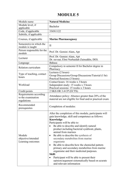 Marine Pharmacognosy Semester(S) in Which the II Module Is Taught Person Responsible for the Prof