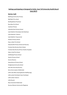 Settings Participating in Designed to Smile, Cwm Taf University Health Board (July 2017) Merthyr Tydfil