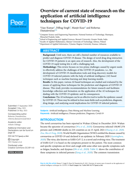 Overview of Current State of Research on the Application of Artificial Intelligence Techniques for COVID-19