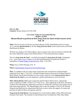 Sheena Brook to Perform in First Songs from the Sand Virtual Concert Series Feb. 18