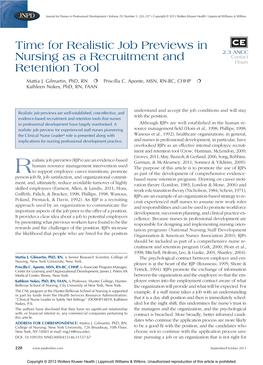 Time for Realistic Job Previews in Nursing As a Recruitment