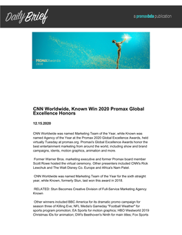 CNN Worldwide, Known Win 2020 Promax Global Excellence Honors