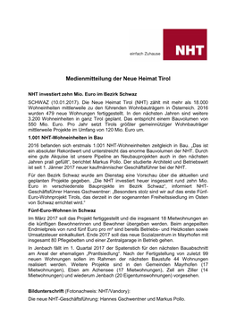NHT Investiert Zehn Mio. Euro Im Bezirk Schwaz SCHWAZ (10.01.2017)