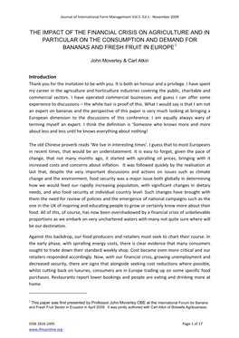 The Impact of the Financial Crisis on Agriculture and in Particular on the Consumption and Demand for Bananas and Fresh Fruit in Europe1