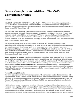 Susser Completes Acquisition of Sac-N-Pac Convenience Stores