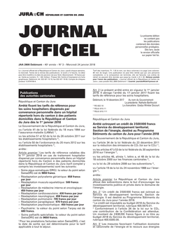 Journal Officiel De La République Et Canton Du Jura » Paraît Chaque Semaine, Tarif Des Insertions : Fr
