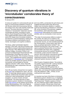 Discovery of Quantum Vibrations in 'Microtubules' Corroborates Theory of Consciousness 16 January 2014