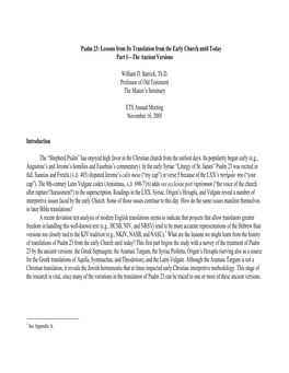 Psalm 23: Lessons from Its Translation from the Early Church Until Today Part 1—The Ancient Versions