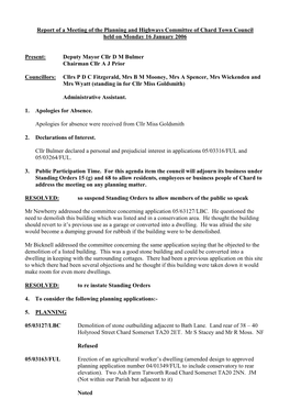 Report of a Meeting of the Planning and Highways Committee of Chard Town Council Held on Monday 16 January 2006
