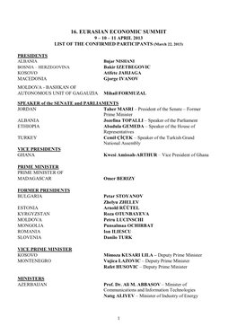 16. EURASIAN ECONOMIC SUMMIT 9 – 10 – 11 APRIL 2013 LIST of the CONFIRMED PARTICIPANTS (March 22, 2013)