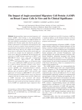 The Impact of Angio-Associated Migratory Cell Protein (AAMP) on Breast Cancer Cells in Vitro and Its Clinical Significance
