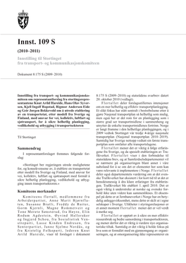 Innst. 109 S (2010–2011) Innstilling Til Stortinget Fra Transport- Og Kommunikasjonskomiteen