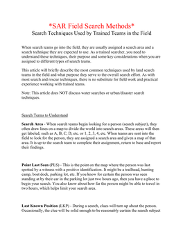 SAR Field Search Methods* Search Techniques Used by Trained Teams in the Field