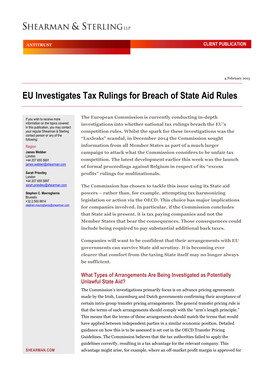 EU Investigates Tax Rulings for Breach of State Aid Rules