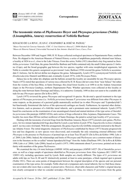 The Taxonomic Status of Phyllonastes Heyer and Phrynopus Peruvianus (Noble) (Lissamphibia, Anura): Resurrection of Noblella Barbour