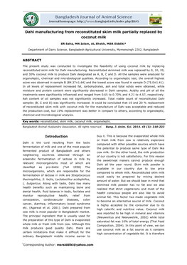 Dahi Manufacturing from Reconstituted Skim Milk Partially Replaced by Coconut Milk