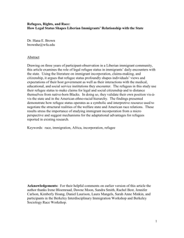 Refugees, Rights, and Race: How Legal Status Shapes Liberian Immigrants’ Relationship with the State