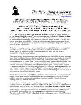 The Recording Academy® Welcomes the Class of Nominees for the 59Th Annual GRAMMY Awards®