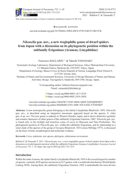 Nihonella Gen. Nov., a New Troglophilic Genus of Dwarf Spiders from Japan