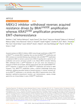 MEK1/2 Inhibitor Withdrawal Reverses Acquired Resistance Driven by BRAFV600E Ampliﬁcation Whereas KRASG13D Ampliﬁcation Promotes EMT-Chemoresistance