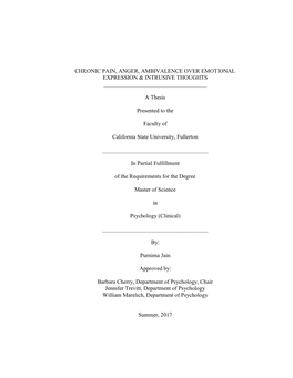 CHRONIC PAIN, ANGER, AMBIVALENCE OVER EMOTIONAL EXPRESSION & INTRUSIVE THOUGHTS a Thesi