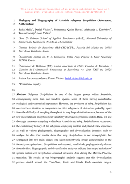 Phylogeny and Biogeography of Artemisia Subgenus Seriphidium (Asteraceae, 2 Anthemideae)