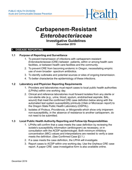 Carbapenem-Resistant Enterobacteriaceae Investigative Guidelines December 2019