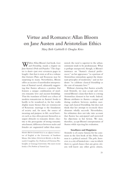 Allan Bloom on Jane Austen and Aristotelian Ethics Mary Beth Garbitelli & Douglas Kries