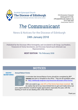 The Communicant News & Notices for the Diocese of Edinburgh 24Th January 2018