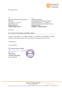 Torrent Power Limited ~C Rahui Shah Company Secretary '· Encl: As Above