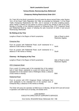 Various Streets, Ravenscraig Area, Motherwell Temp Waiting Restrictions