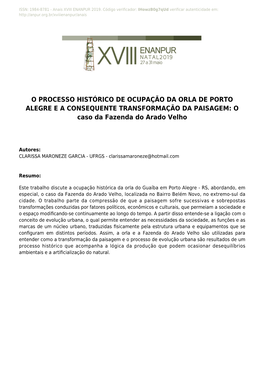 O PROCESSO HISTÓRICO DE OCUPAÇÃO DA ORLA DE PORTO ALEGRE E a CONSEQUENTE TRANSFORMAÇÃO DA PAISAGEM: O Caso Da Fazenda Do Arado Velho