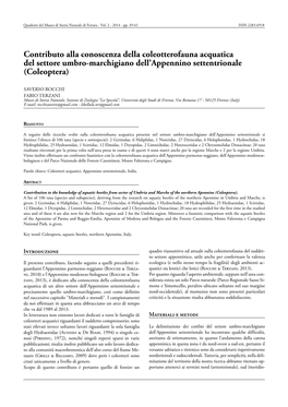 Contributo Alla Conoscenza Della Coleotterofauna Acquatica Del Settore Umbro-Marchigiano Dell’Appennino Settentrionale (Coleoptera)