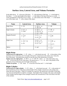 Surface Area, Lateral Area, and Volume Formulas