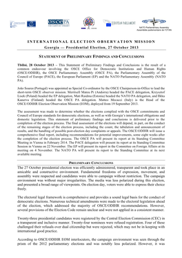 INTERNATIONAL ELECTION OBSERVATION MISSION Georgia — Presidential Election, 27 October 2013