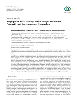 Review Article Amphiphiles Self-Assembly: Basic Concepts and Future Perspectives of Supramolecular Approaches