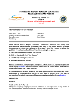 Scottsdale Airport Advisory Commission Meeting Notice and Agenda