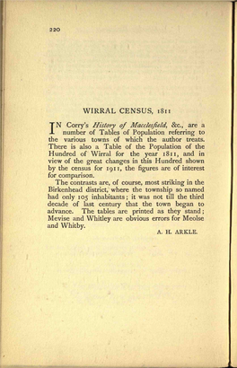 WIRRAL CENSUS, 1811 N Corry's History of Macclesfield, &C., Are a I Number of Tables of Population Referring to the Various Towns of Which the Author Treats