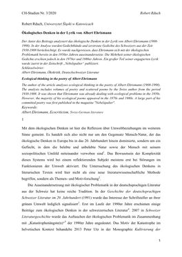 CH-Studien Nr. 3/2020 Robert Rduch Robert Rduch, Uniwersytet Śląski W Katowicach Ökologisches Denken in Der Lyrik Von Albert