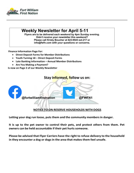 Weekly Newsletter for April 5-11 Flyers Are to Be Delivered Each Weekend by 4Pm Sunday Evening